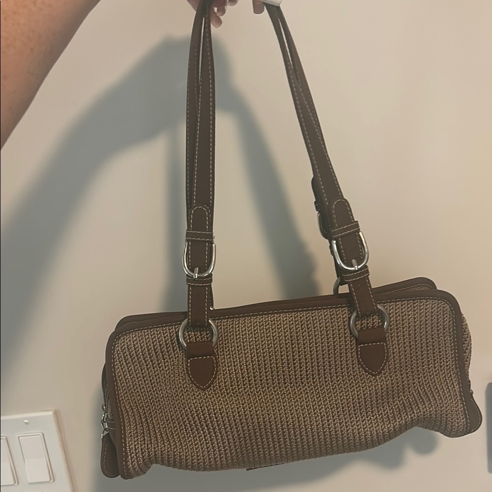 The Sak Brown Shoulder Bag with Textured Fabric and Leather Straps